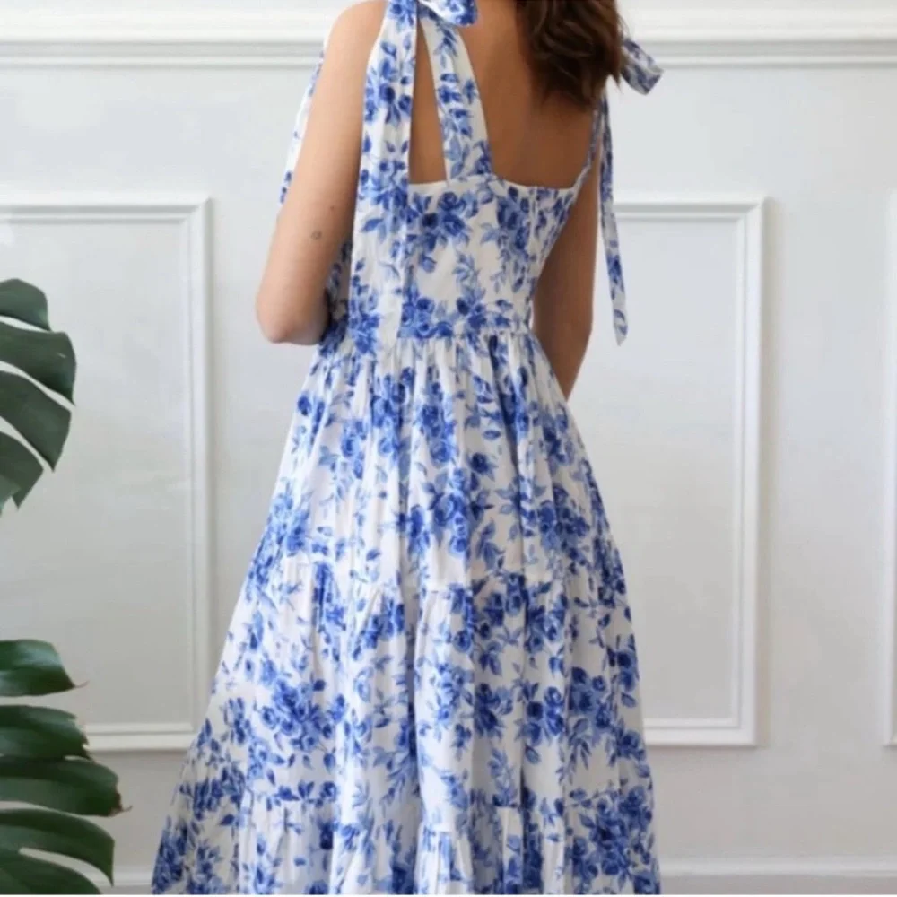 Tuckernuck Blue and White Floral Midi Dress with Tie Straps - Picture 2 of 6
